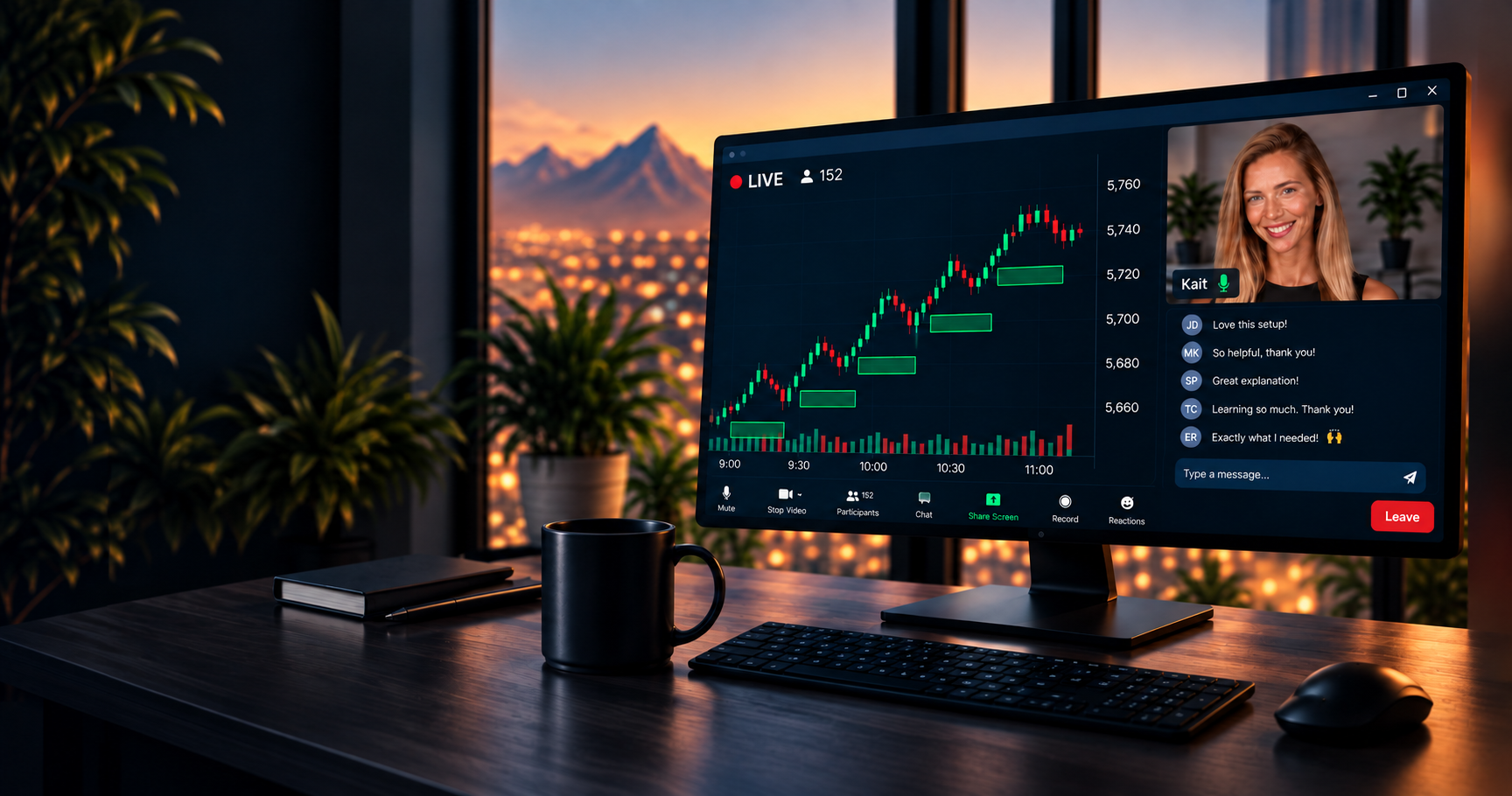 Kait leading a live trading room session, screen-sharing a chart with a marked buy zone, sell zone, and student chat, at a desk overlooking a city skyline and mountains at dusk